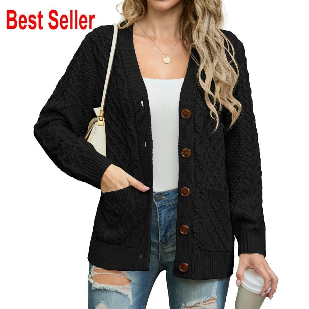 Cable Knit Button Front Cardigan Sweater Oversized Chic Fall Outerwear
